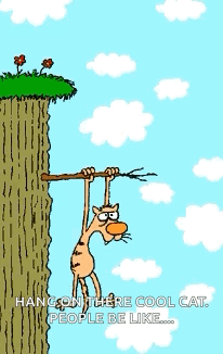 A Cartoon Of A Cat Hanging On A Tree Branch With A Crow Flying Overhead GIF
