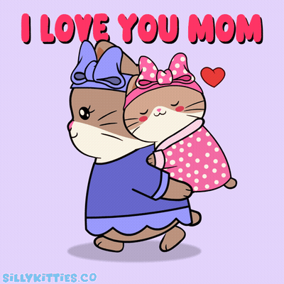 A Cartoon Of A Cat Holding A Baby With The Words " I Love You Mom " On The Bottom GIF
