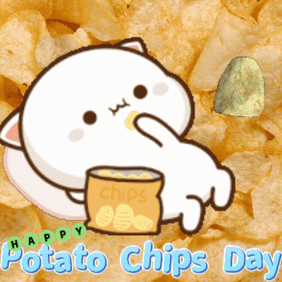 A Cartoon Of A Cat Holding A Bag Of Potato Chips Says Happy Potato Chips Day GIF