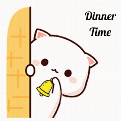 A Cartoon Of A Cat Holding A Bell With The Words " Dinner Time " Above It GIF