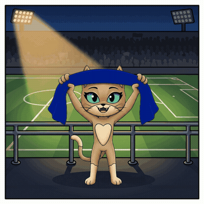 A Cartoon Of A Cat Holding A Blue Scarf In Front Of A Soccer Field GIF