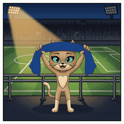 a cartoon of a cat holding a blue towel in a stadium