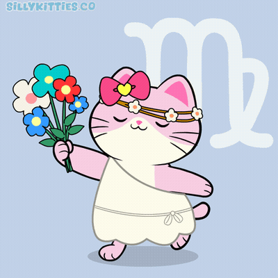 A Cartoon Of A Cat Holding A Bouquet Of Flowers In Front Of A Virgo Sign GIF
