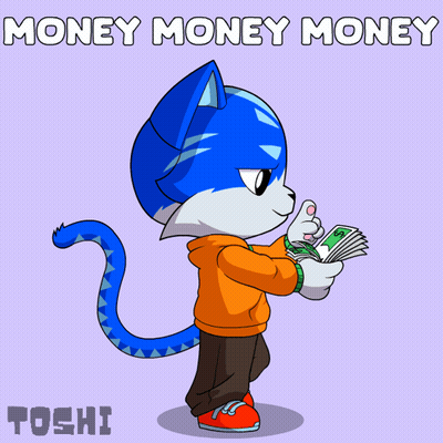A Cartoon Of A Cat Holding A Bunch Of Money And The Words Money Money Money GIF