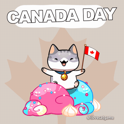 A Cartoon Of A Cat Holding A Canadian Flag With The Words Canada Day Behind It GIF