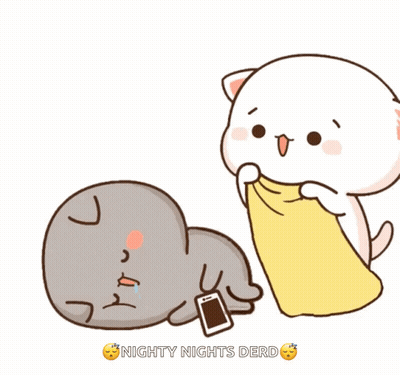 A Cartoon Of A Cat Holding A Cell Phone Next To Another Cat With The Words Nighty Nights Derd On The Bottom GIF