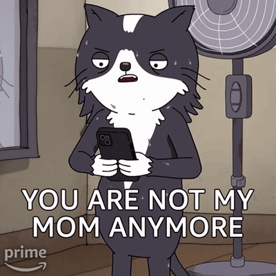 A Cartoon Of A Cat Holding A Cell Phone With The Words " You Are Not My Mom Anymore " GIF