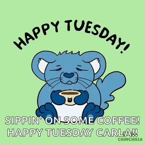 A Cartoon Of A Cat Holding A Cup Of Coffee With The Caption Happy Tuesday GIF
