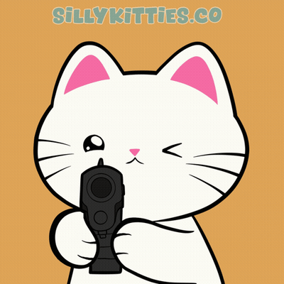 A Cartoon Of A Cat Holding A Gun With The Website Sillykitties.co Written Below It GIF