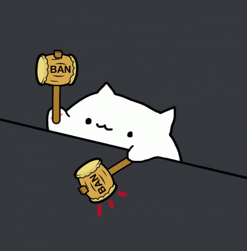 A Cartoon Of A Cat Holding A Hammer That Says Ban GIF