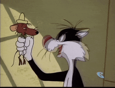 A Cartoon Of A Cat Holding A Mouse With A B On The Bottom Right GIF