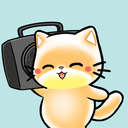 A Cartoon Of A Cat Holding A Radio With A Treble Clef In The Background GIF