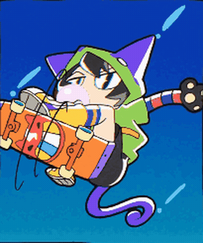 A Cartoon Of A Cat Holding A Skateboard With The Letter S On It GIF