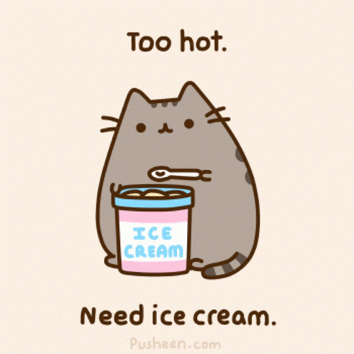 A Cartoon Of A Cat Holding A Spoon Next To A Bucket Of Ice Cream That Says " Too Hot " GIF