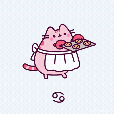 A Cartoon Of A Cat Holding A Tray Of Cookies With The Number 69 On It GIF