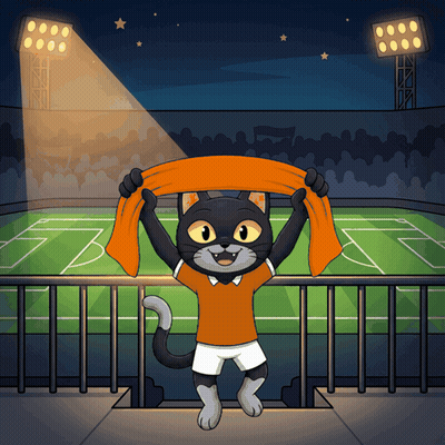 A Cartoon Of A Cat Holding An Orange Scarf In Front Of A Soccer Field GIF