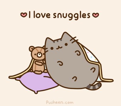 A Cartoon Of A Cat Hugging A Teddy Bear With The Words I Love Snuggles Above It GIF