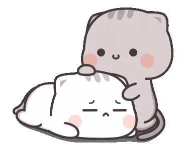 A Cartoon Of A Cat Hugging Another Cat With A Sad Face Sticker