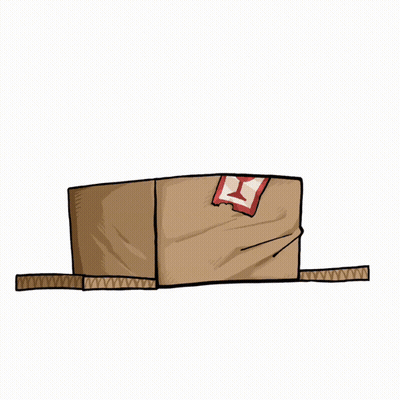 A Cartoon Of A Cat In A Cardboard Box With The Word Meow Above It GIF