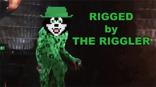 A Cartoon Of A Cat In A Green Outfit With The Words Rigged By The Riddler Below It GIF