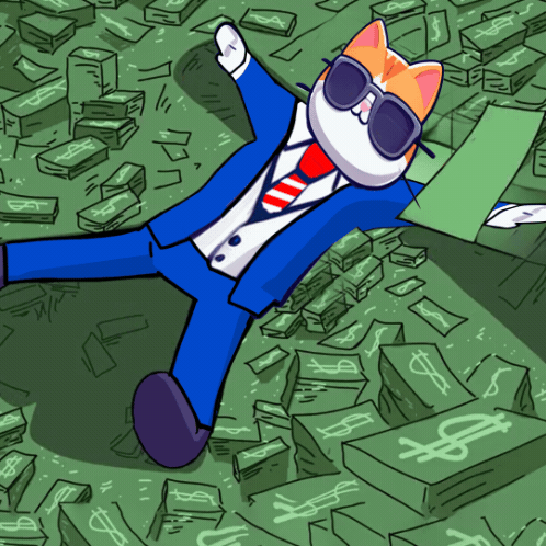 A Cartoon Of A Cat In A Suit And Tie Laying On A Pile Of Money GIF