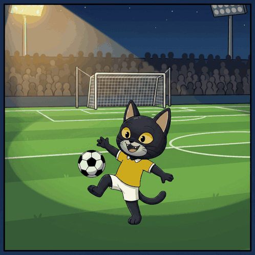 A Cartoon Of A Cat Kicking A Soccer Ball On A Field GIF
