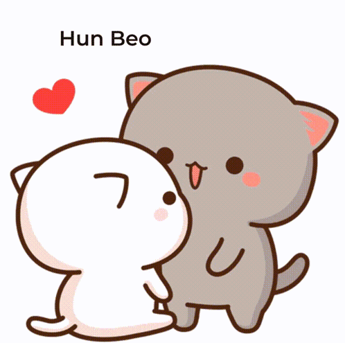 A Cartoon Of A Cat Kissing Another Cat With Hun Beo Written Above Them GIF