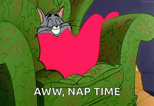 A Cartoon Of A Cat Laying In A Chair With The Words Aww Nap Time Below It GIF