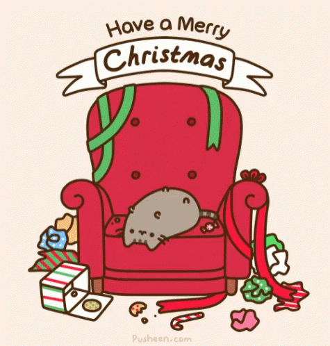 A Cartoon Of A Cat Laying In A Chair With The Words Have A Merry Christmas Above It GIF