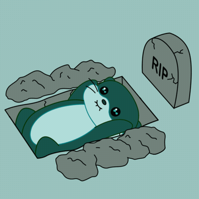A Cartoon Of A Cat Laying In A Grave Next To A Gravestone That Says Rip GIF