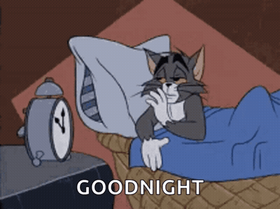 A Cartoon Of A Cat Laying In Bed With An Alarm Clock And The Words Goodnight Written On The Bottom . GIF