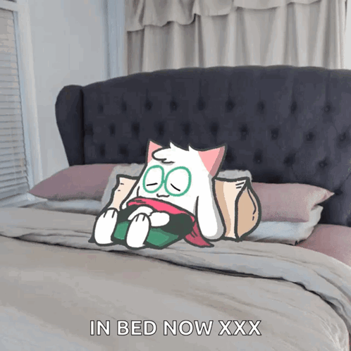 A Cartoon Of A Cat Laying On A Bed With The Words In Bed Now Xxx Above It GIF