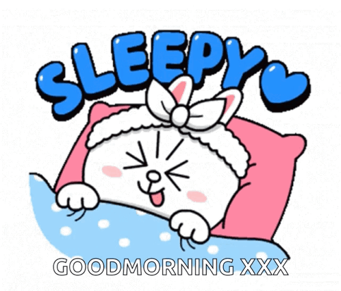 A Cartoon Of A Cat Laying On A Pillow With The Words Sleepy Good Morning Xxx GIF