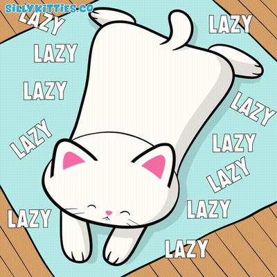 A Cartoon Of A Cat Laying On Its Back With The Words Lazy Surrounding It GIF