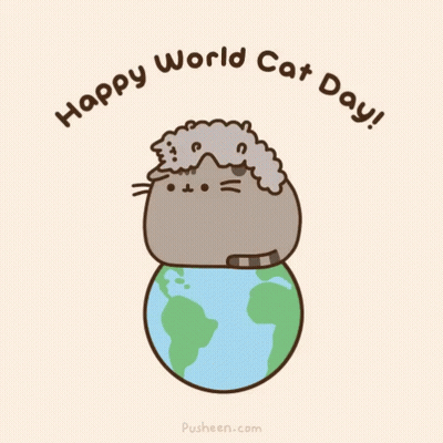 A Cartoon Of A Cat Laying On Top Of A Globe With The Words Happy World Cat Day GIF