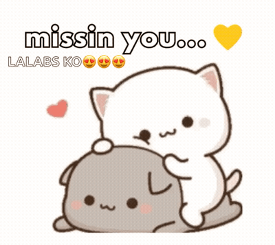 A Cartoon Of A Cat Laying On Top Of Another Cat With The Words " Missin You " Above Them GIF
