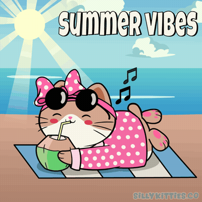 A Cartoon Of A Cat On A Beach With The Words Summer Vibes Above It GIF