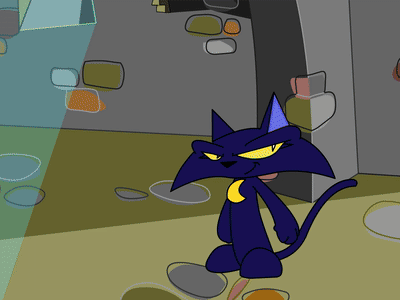 A Cartoon Of A Cat On A Broom With A Shadow Of A Cat In The Background GIF
