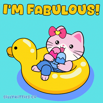 A Cartoon Of A Cat On A Duck Float With The Words I 'M Fabulous GIF