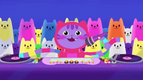 A Cartoon Of A Cat Playing A Keyboard In Front Of A Crowd Of Colorful Cats GIF