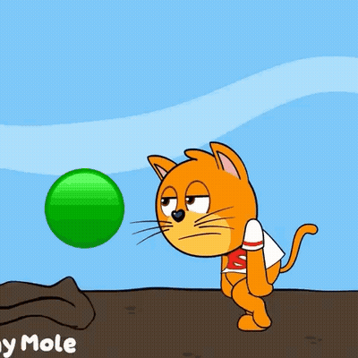 A Cartoon Of A Cat Playing With A Green Ball And The Words Monday Mole Below It GIF