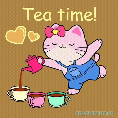 A Cartoon Of A Cat Pouring Tea With The Words Tea Time Below GIF