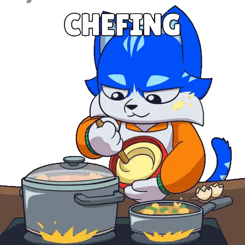 A Cartoon Of A Cat Preparing Food With The Word Chefing Above Him Sticker