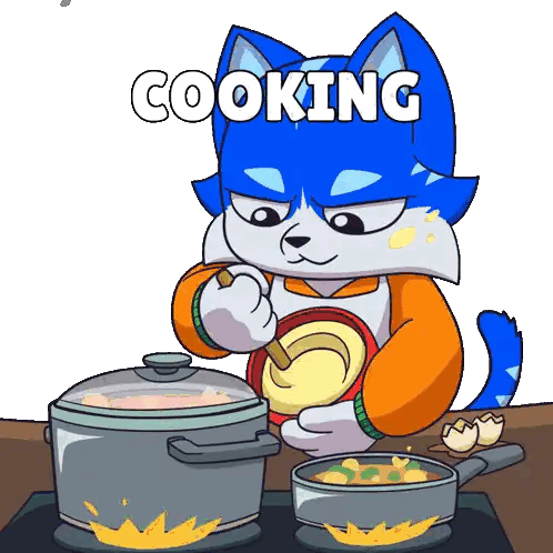 A Cartoon Of A Cat Preparing Food With The Word Cooking Behind Him Sticker