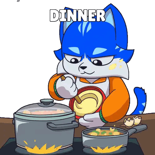 A Cartoon Of A Cat Preparing Food With The Word Dinner Written Above It Sticker