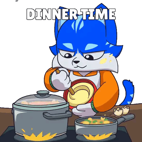 A Cartoon Of A Cat Preparing Food With The Words Dinner Time Above Him Sticker