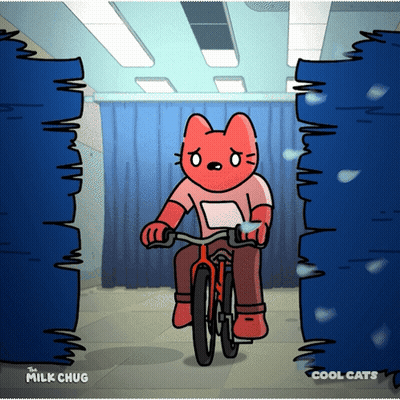 A Cartoon Of A Cat Riding A Bike With The Words " Cool Cats " On The Bottom GIF