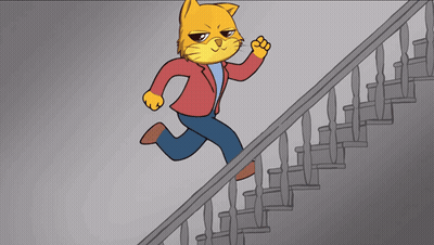 A Cartoon Of A Cat Running Down Stairs GIF
