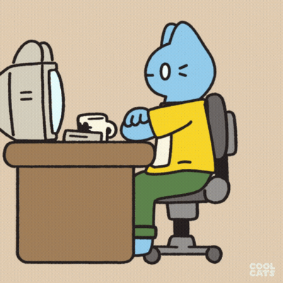 A Cartoon Of A Cat Sitting At A Desk Looking At A Computer Screen GIF