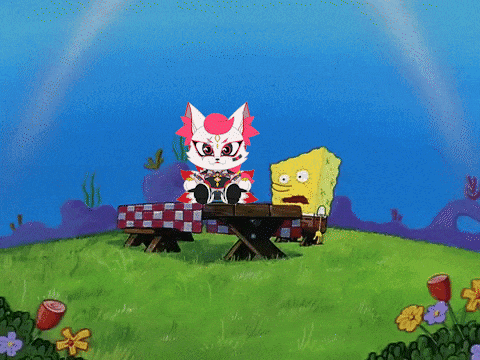 A Cartoon Of A Cat Sitting At A Picnic Table Next To A Spongebob Says I Neeeeed It GIF